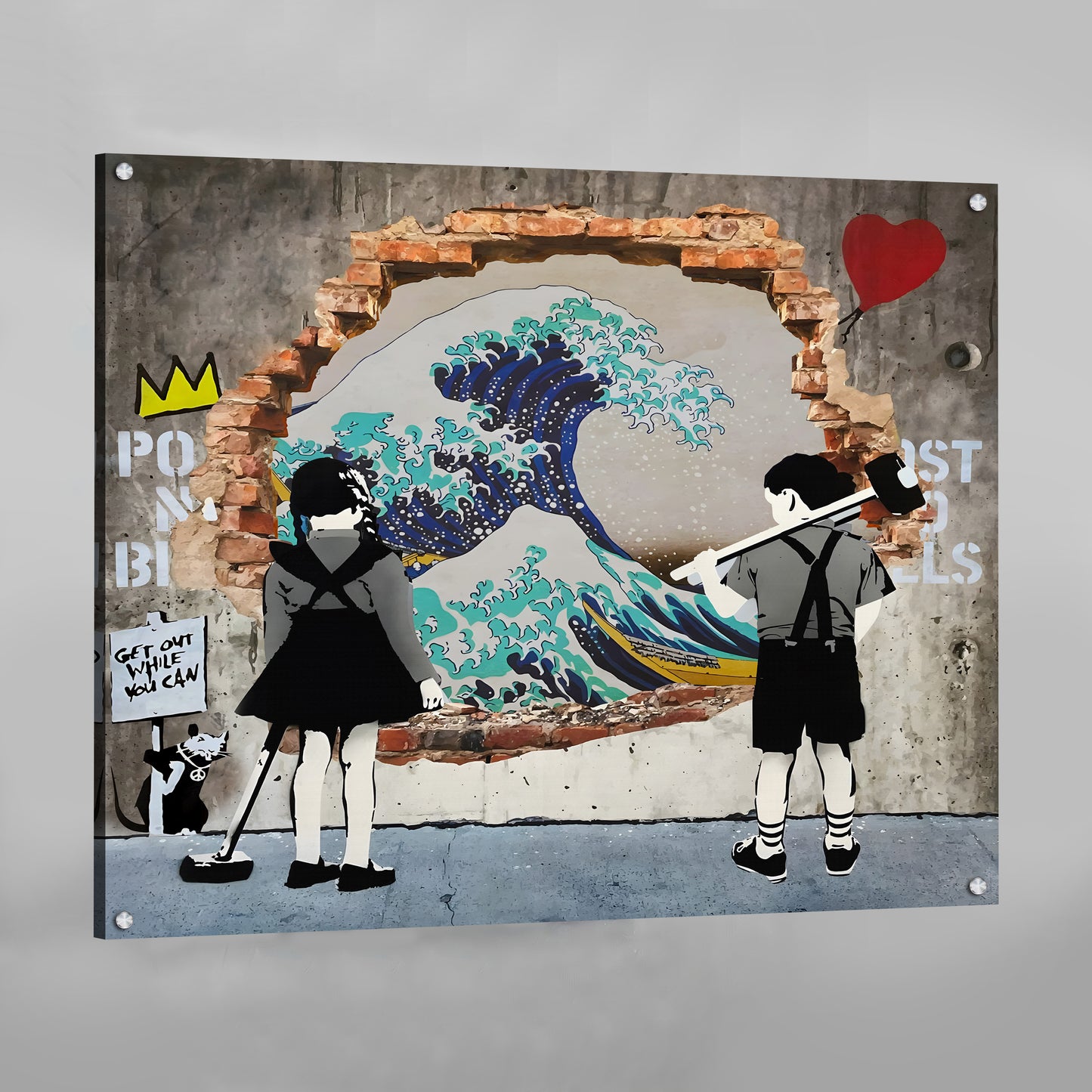 The Great Wave Graffiti Wall Art: Children with a sledgehammer break through a wall revealing Hokusai's Great Wave print. Street art style.