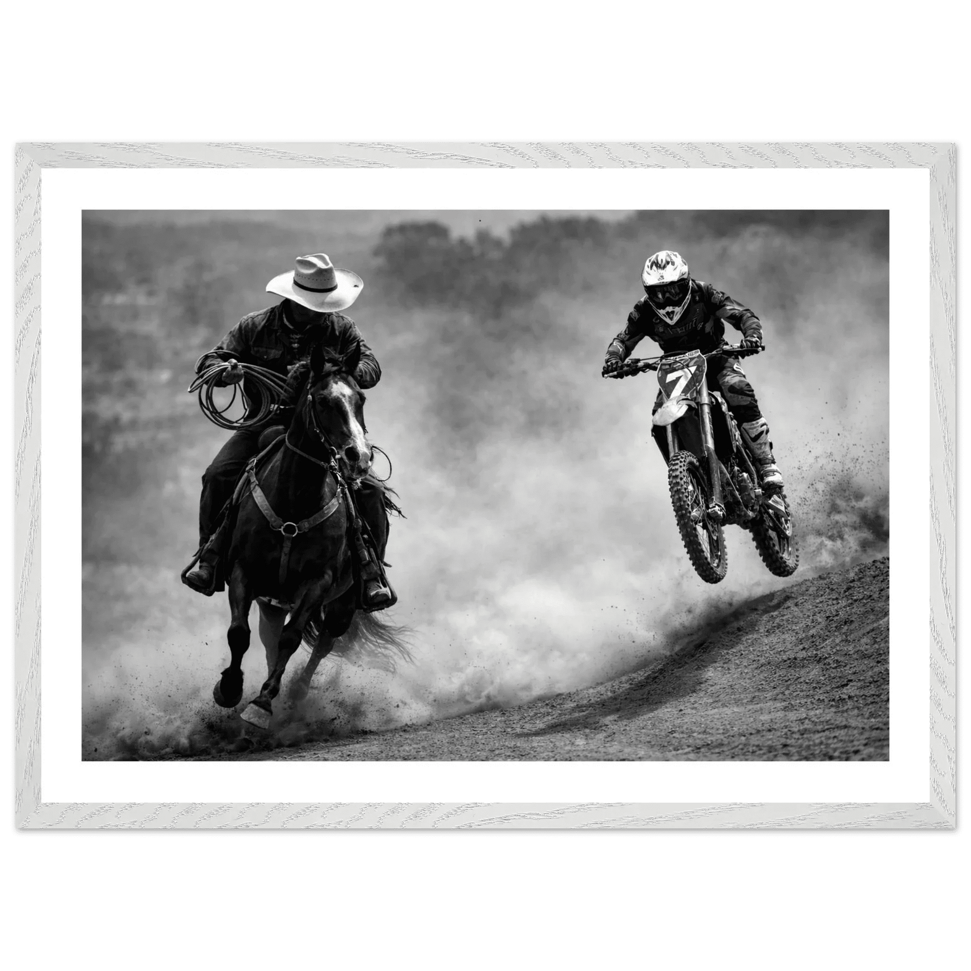 Cowboy vs Motocross Black and White Wall Art - The Trendy Art