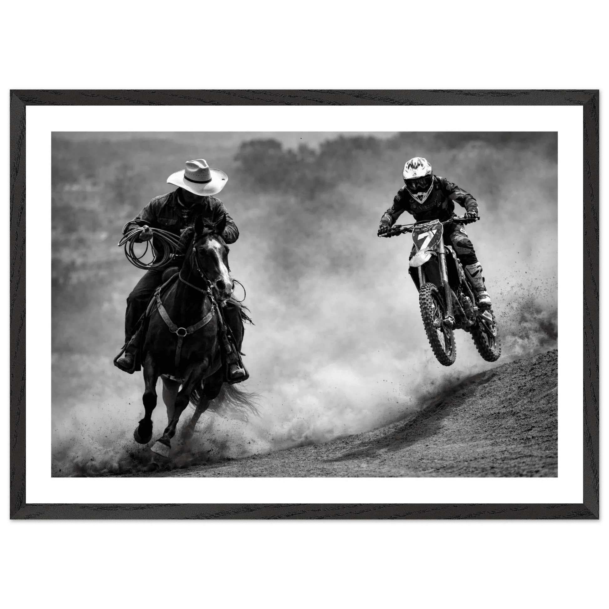 Cowboy vs Motocross Black and White Wall Art - The Trendy Art