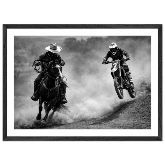 Cowboy vs Motocross Black and White Wall Art - The Trendy Art