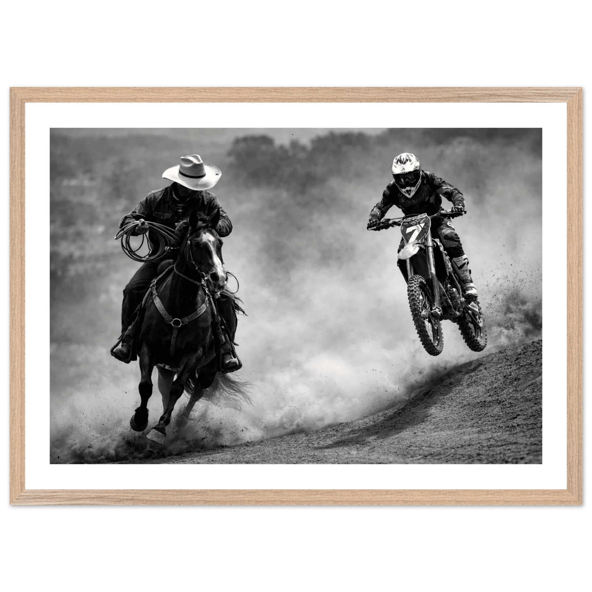 Cowboy vs Motocross Black and White Wall Art - The Trendy Art