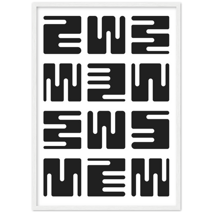 Black and White Minimalist Wall Art: Geometric abstract print featuring a repeating pattern of stylized black shapes on a white background.