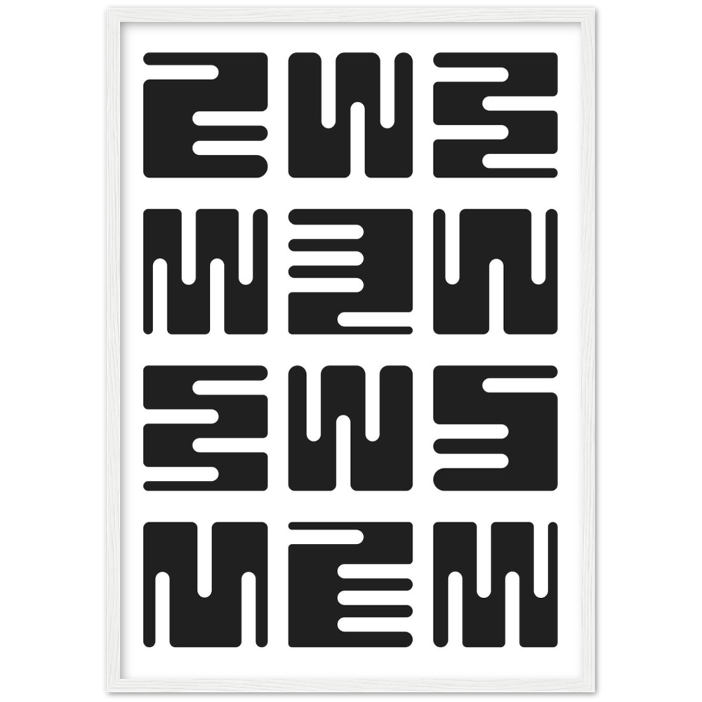 Black and White Minimalist Wall Art: Geometric abstract print featuring a repeating pattern of stylized black shapes on a white background.