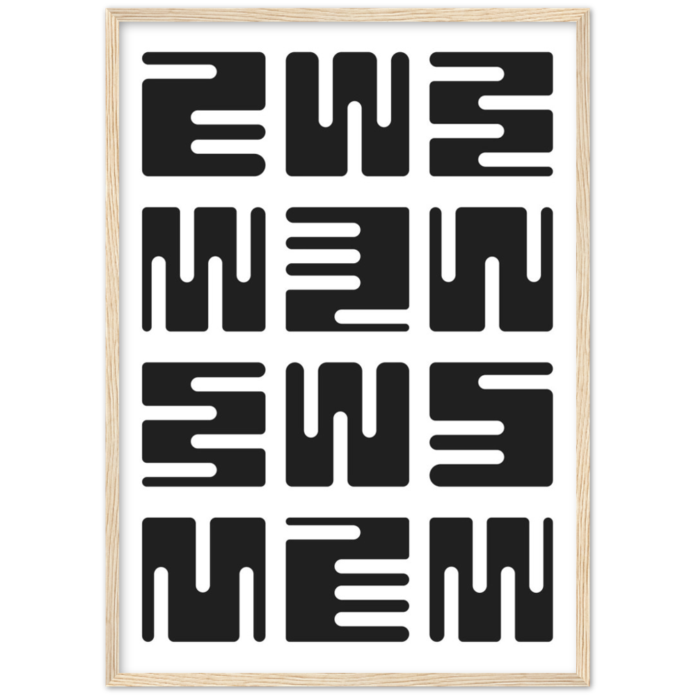 Black and White Minimalist Wall Art: Geometric abstract print featuring a repeating pattern of bold black shapes on a white background.