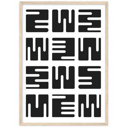 Black and White Minimalist Wall Art: Geometric abstract print featuring a repeating pattern of bold black shapes on a white background.