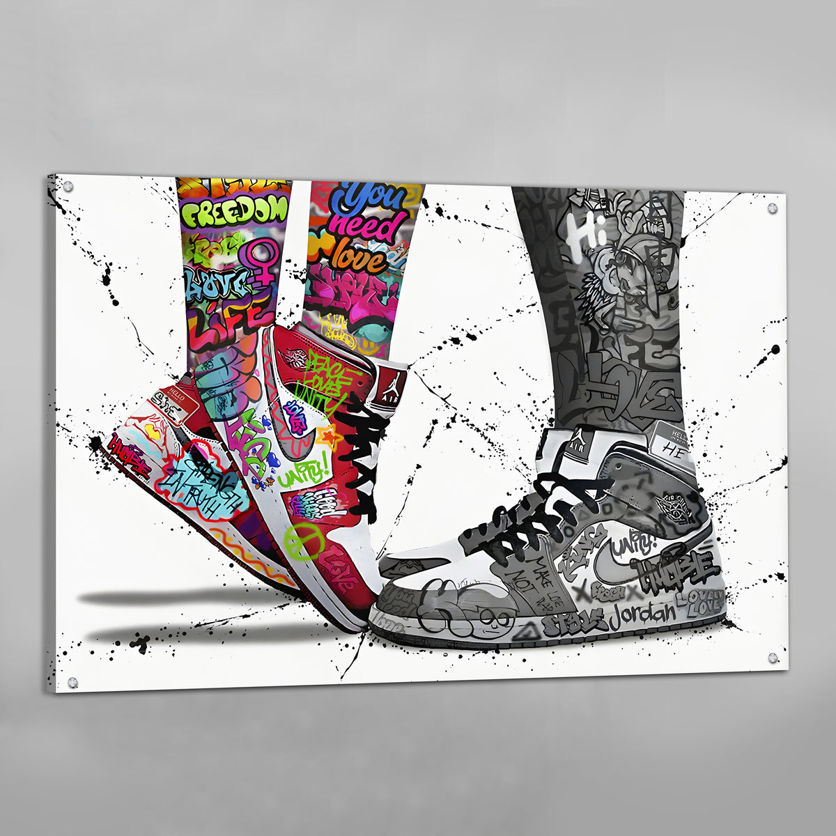Large Graffiti Wall Art: Vibrant graffiti art featuring Air Jordan sneakers, showcasing freedom, love, and unity themes.
