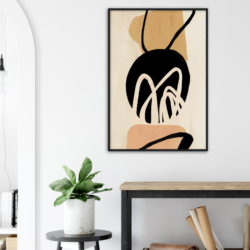 Minimalist Abstract Wall Art: Beige, black, and peach abstract artwork featuring organic shapes and bold lines. Modern wall decor.