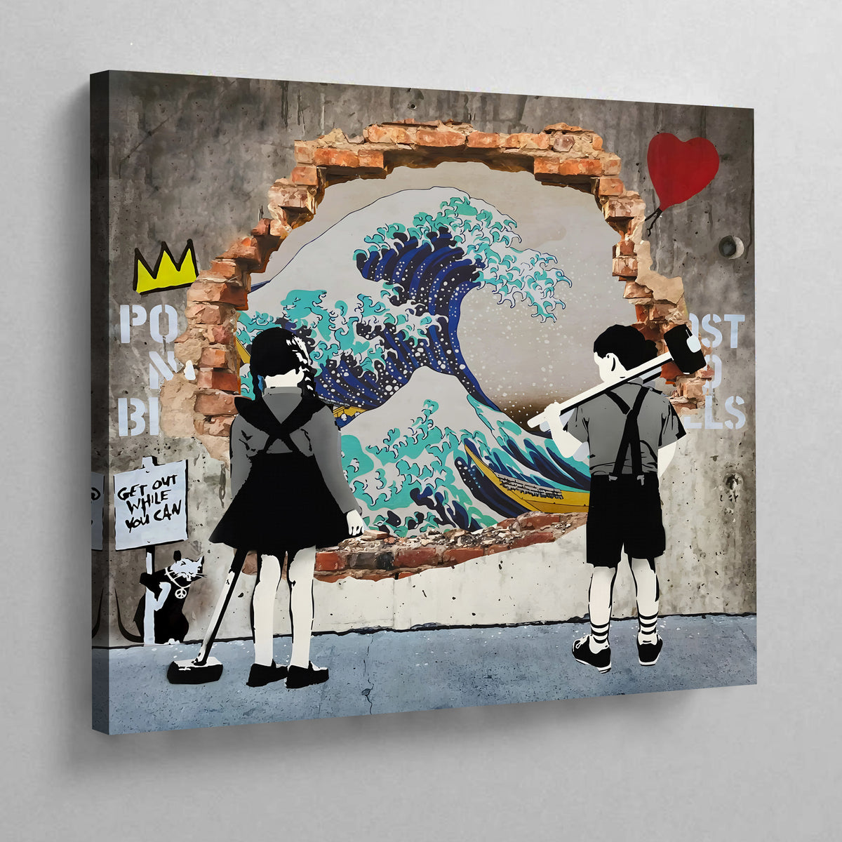 The Great Wave Graffiti Wall Art:  Street art canvas print featuring Hokusai's Great Wave, kids with a sledgehammer, and graffiti elements.