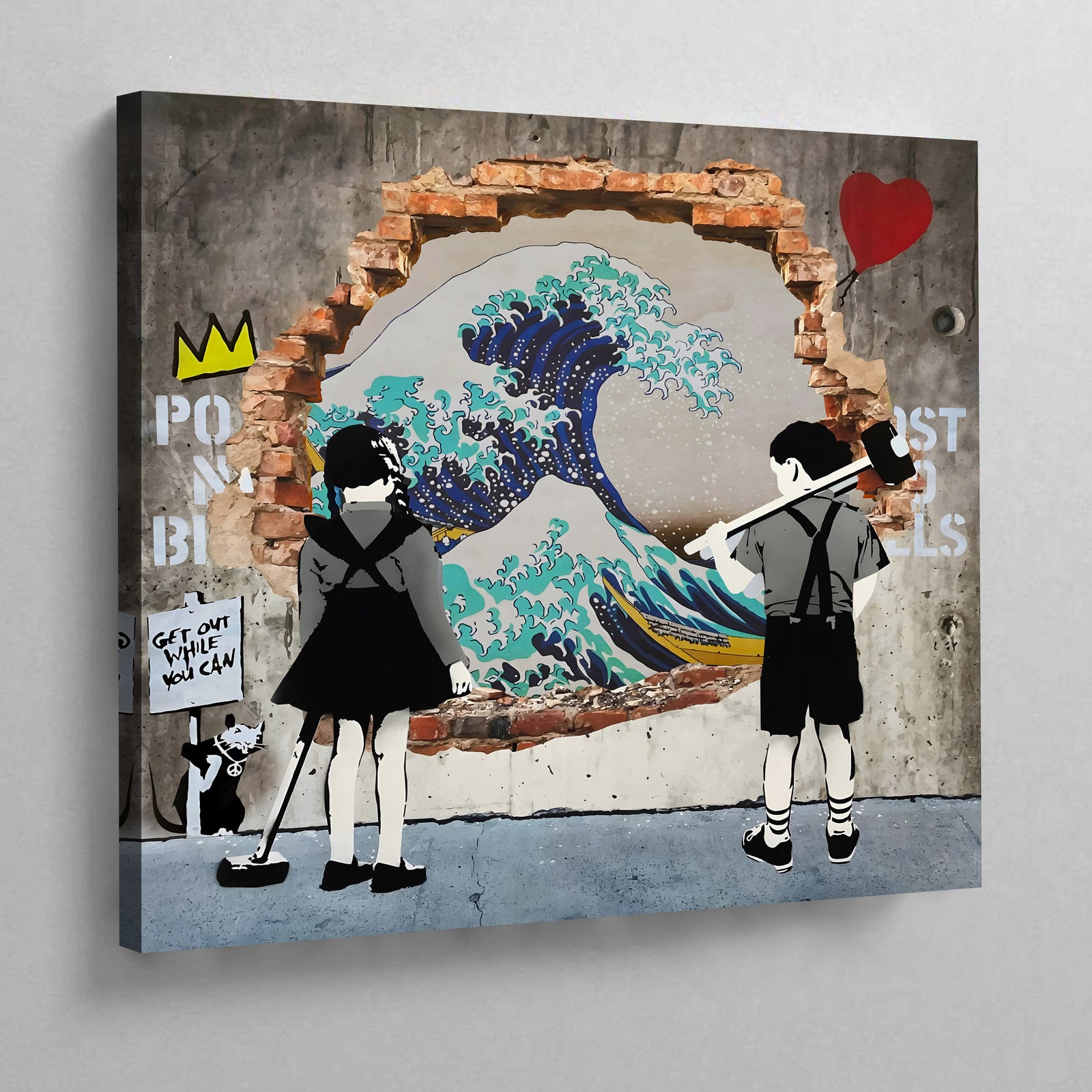 The Great Wave Graffiti Wall Art:  Street art canvas print featuring Hokusai's Great Wave, kids with a sledgehammer, and graffiti elements.