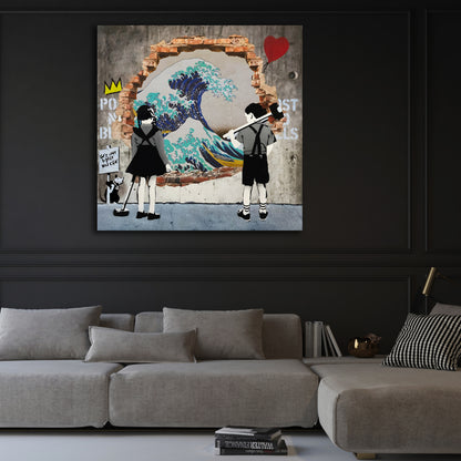The Great Wave Graffiti Wall Art:  A striking canvas featuring Hokusai's Great Wave, reimagined with graffiti art and iconic street art elements.
