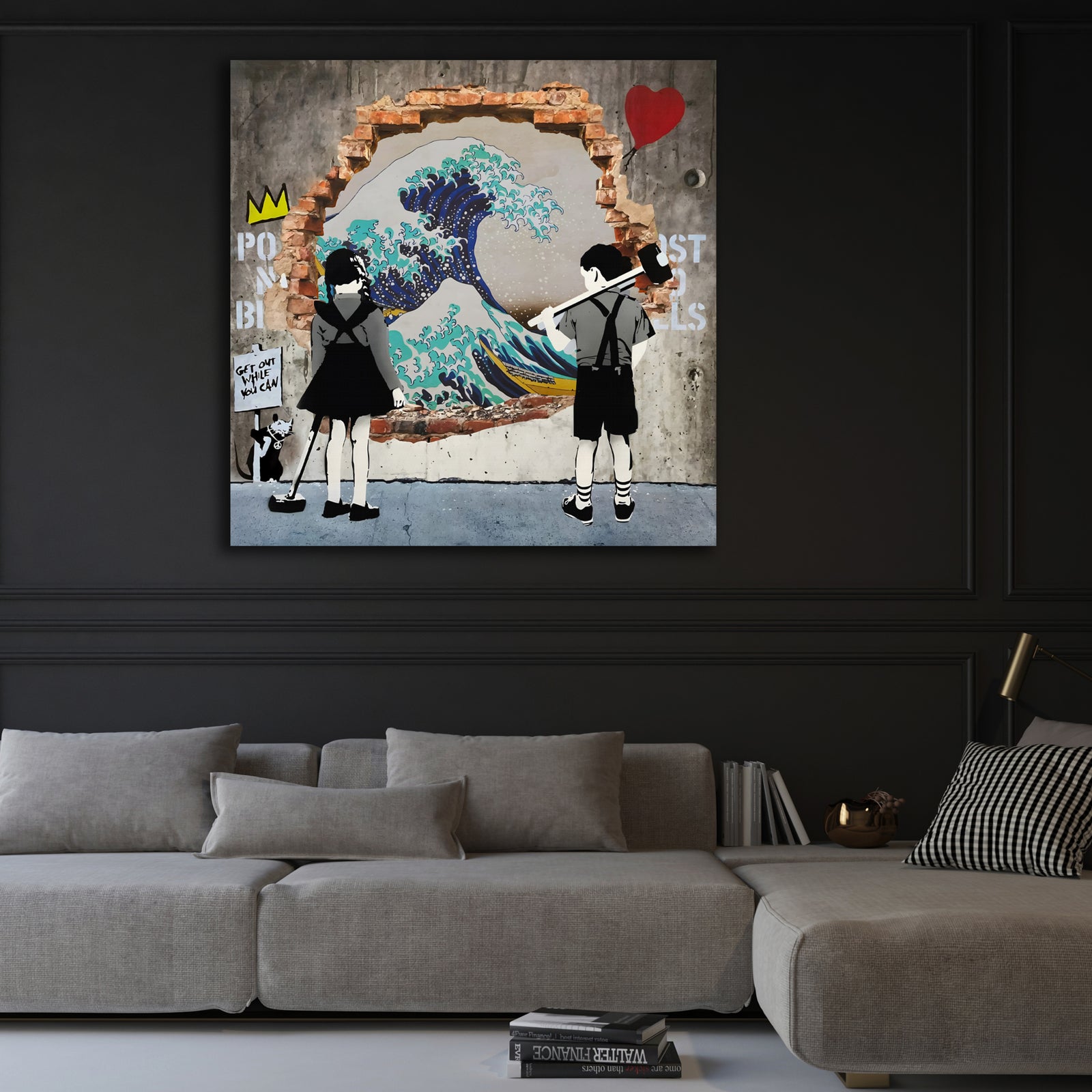 The Great Wave Graffiti Wall Art:  Street art canvas print featuring Hokusai's Great Wave, kids with a sledgehammer, and graffiti elements.